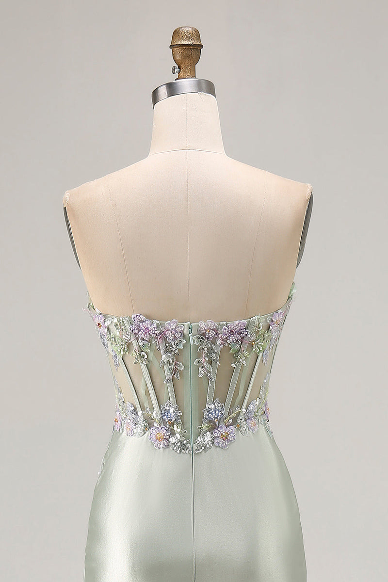 Load image into Gallery viewer, Sparkly Dusty Sage Floral Sweetheart Long Corset Prom Dress
