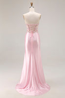 Load image into Gallery viewer, Sparkly Pink Strapless Floral Long Corset Prom Dress with Slit