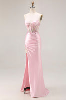 Load image into Gallery viewer, Sparkly Pink Strapless Floral Long Corset Prom Dress with Slit