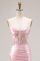 Load image into Gallery viewer, Sparkly Pink Strapless Floral Long Corset Prom Dress with Slit