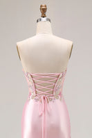 Load image into Gallery viewer, Sparkly Pink Strapless Floral Long Corset Prom Dress with Slit