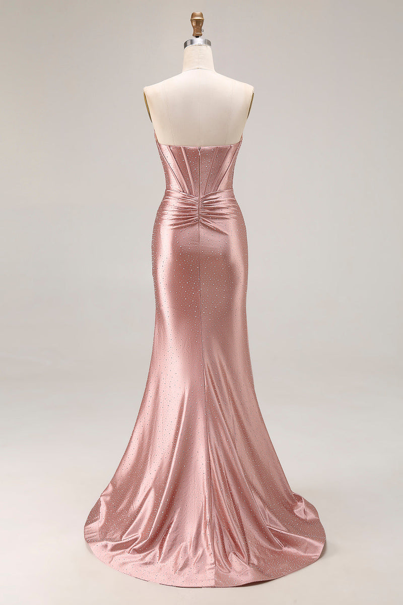 Load image into Gallery viewer, Sparkly Dusty Rose Mermaid Beaded Long Corset Prom Dress with Slit