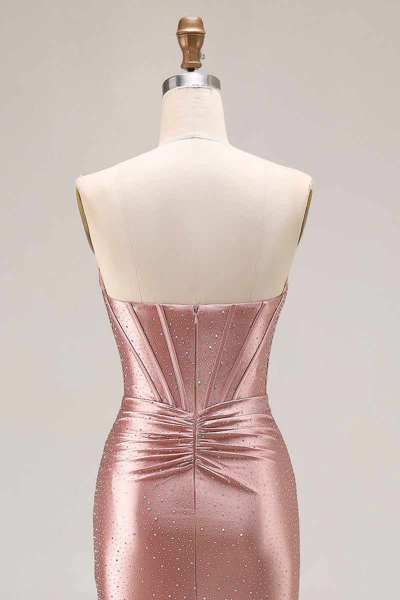 Load image into Gallery viewer, Sparkly Dusty Rose Mermaid Beaded Long Corset Prom Dress with Slit