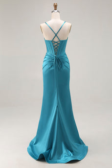 Peacock Blue Satin Mermaid Long Corset Prom Dress with Slit