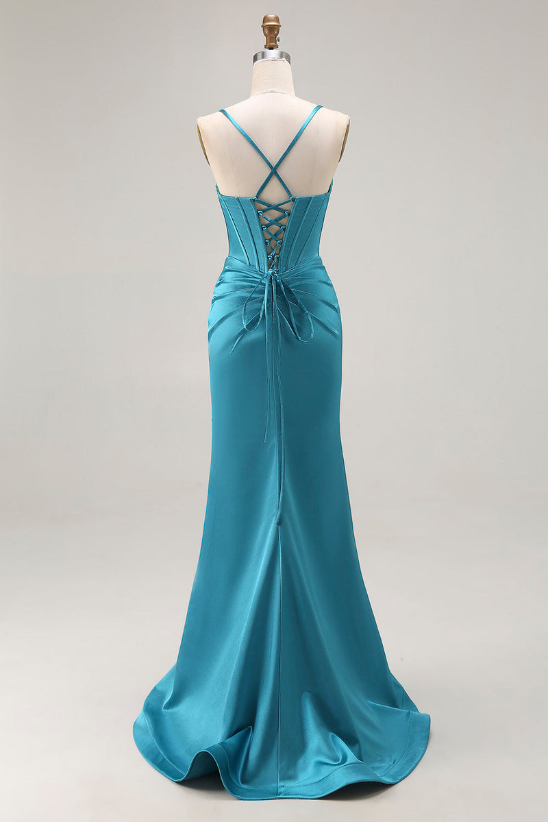 Load image into Gallery viewer, Peacock Blue Satin Mermaid Long Corset Prom Dress with Slit