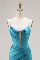 Load image into Gallery viewer, Peacock Blue Satin Mermaid Long Corset Prom Dress with Slit