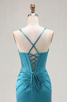 Load image into Gallery viewer, Peacock Blue Satin Mermaid Long Corset Prom Dress with Slit