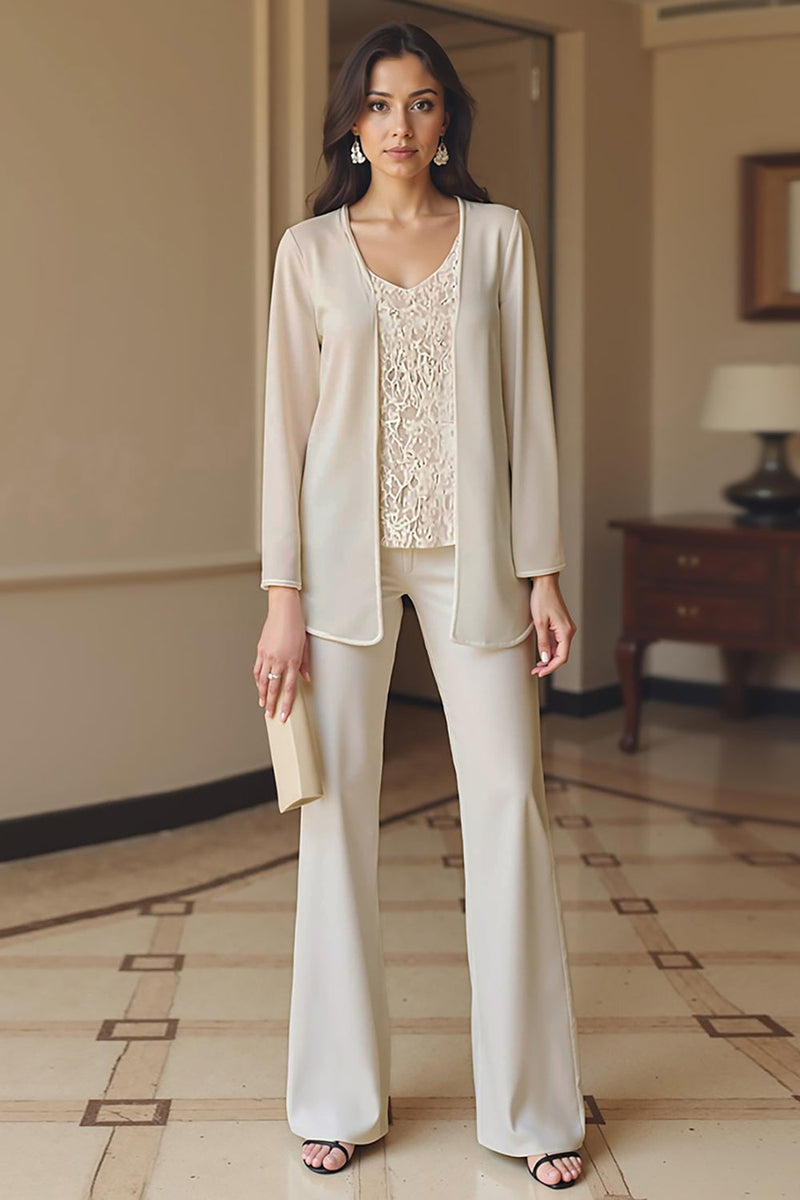 Load image into Gallery viewer, 3 Piece Apricot V-Neck Long Sleeves Mother of the Bride Pant Suits with Jacket