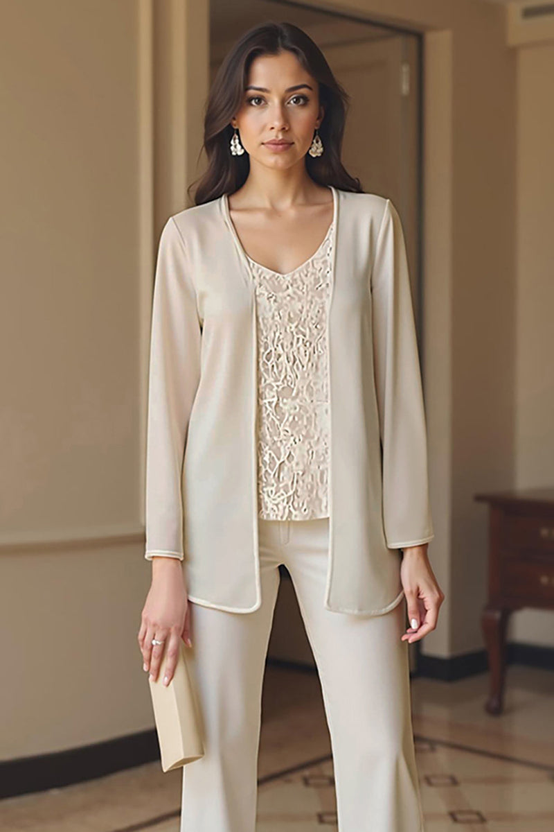 Load image into Gallery viewer, 3 Piece Apricot V-Neck Long Sleeves Mother of the Bride Pant Suits with Jacket
