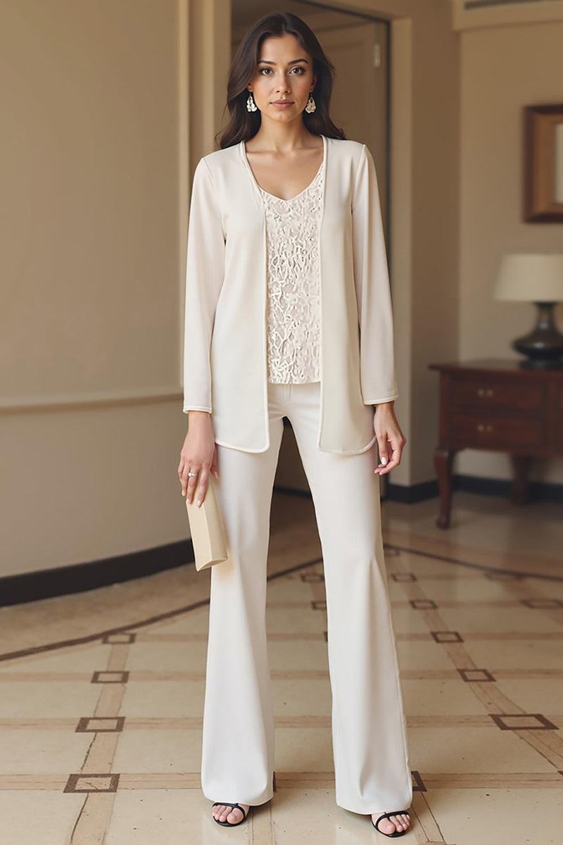 Load image into Gallery viewer, 3 Piece Apricot V-Neck Long Sleeves Mother of the Bride Pant Suits with Jacket