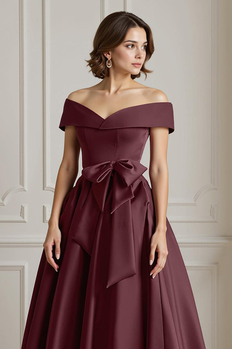 Load image into Gallery viewer, Burgundy A Line Off the Shoulder Long Mother of the Bride Dress with Bow
