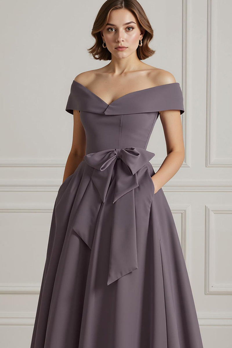 Load image into Gallery viewer, Burgundy A Line Off the Shoulder Long Mother of the Bride Dress with Bow