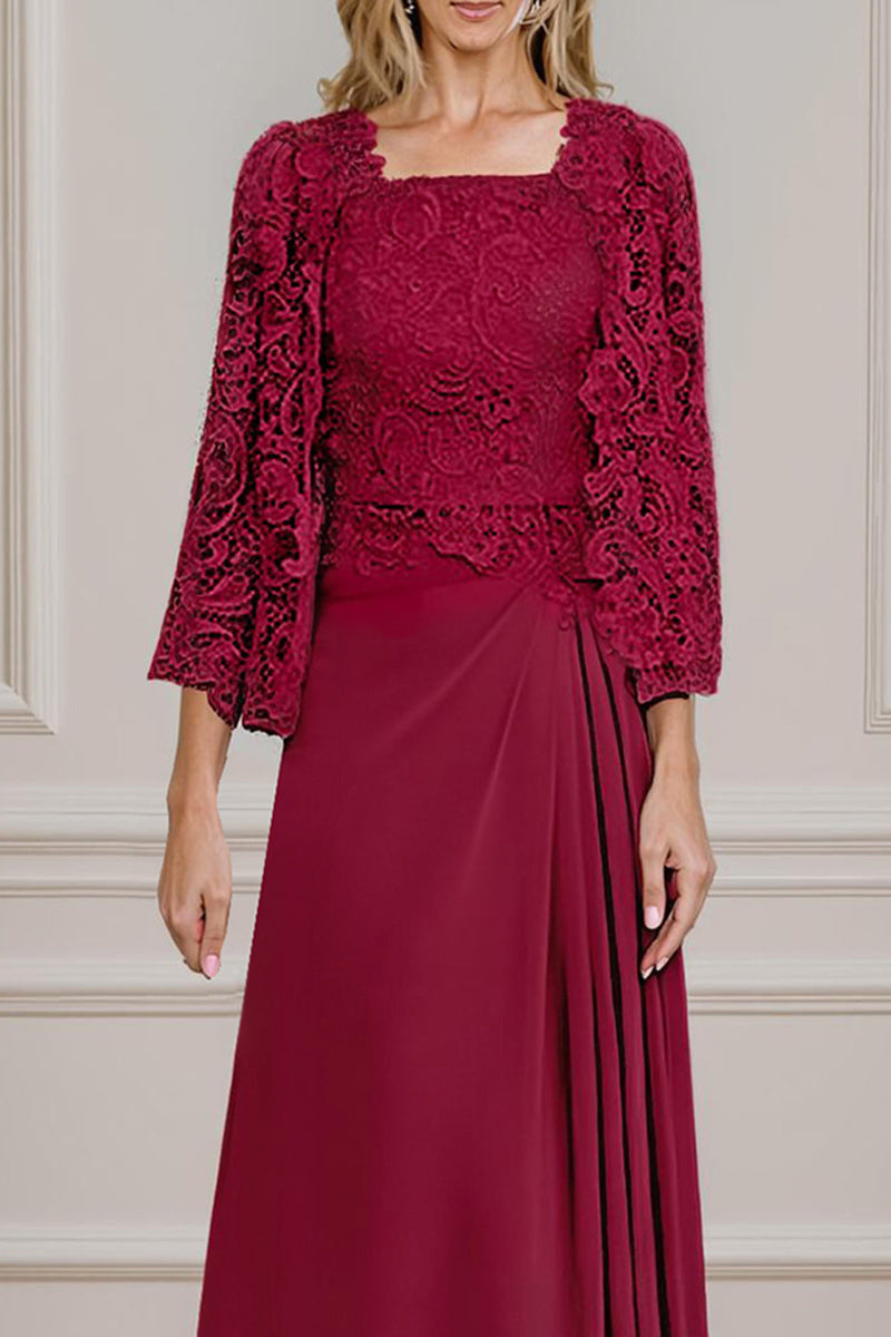 Load image into Gallery viewer, 2 Piece Peacock Green Square Neck A Line Long Mother of the Bride Dress with Lace