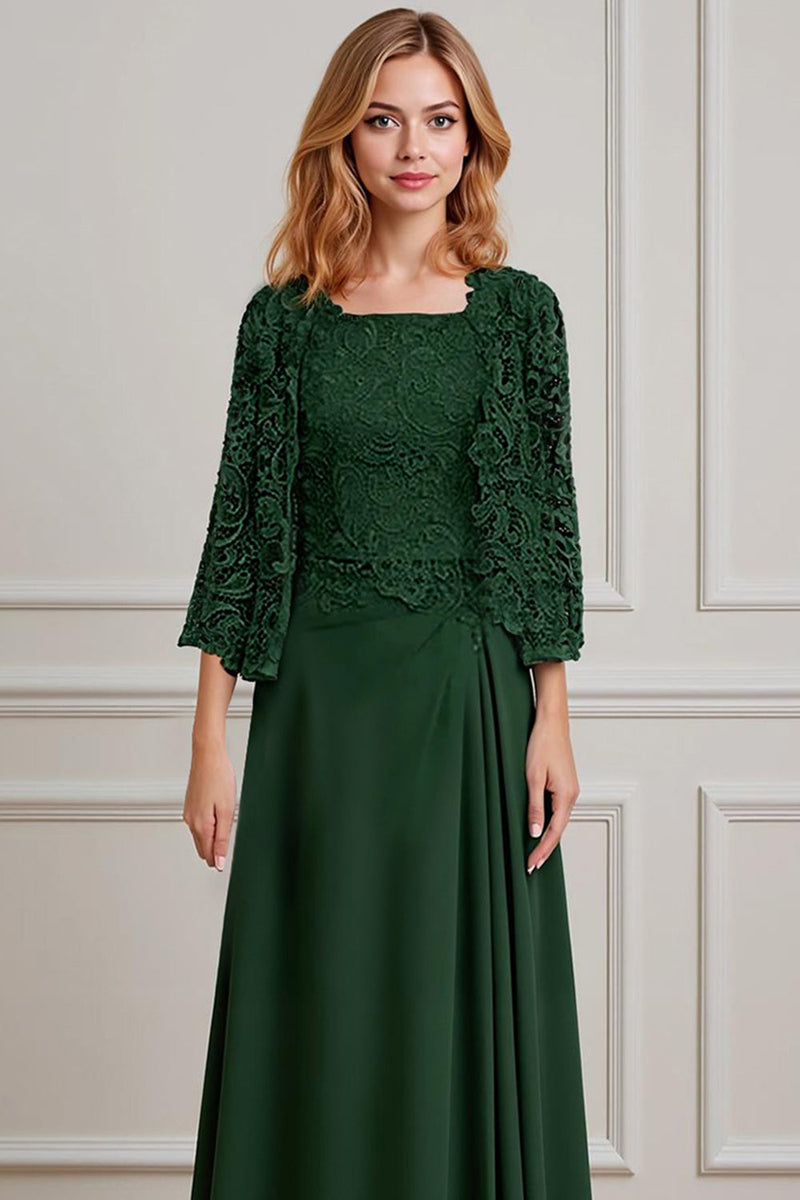 Load image into Gallery viewer, 2 Piece Peacock Green Square Neck A Line Long Mother of the Bride Dress with Lace