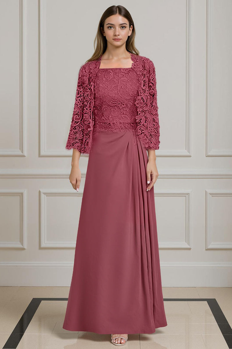 Load image into Gallery viewer, 2 Piece Peacock Green Square Neck A Line Long Mother of the Bride Dress with Lace