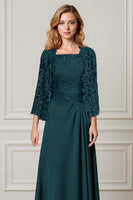 Load image into Gallery viewer, 2 Piece Peacock Green Square Neck A Line Long Mother of the Bride Dress with Lace