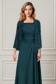 2 Piece Peacock Green Square Neck A Line Long Mother of the Bride Dress with Lace