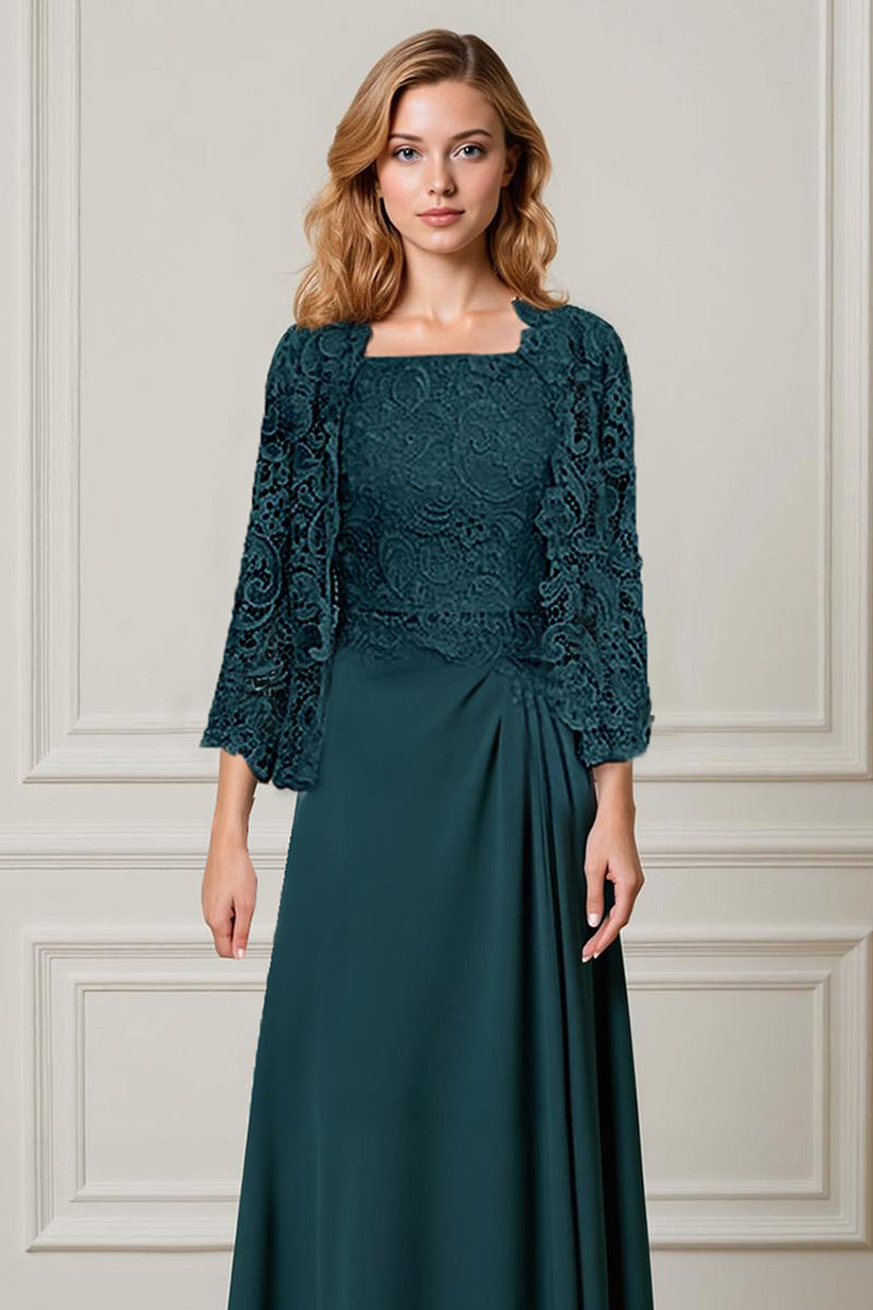 Load image into Gallery viewer, 2 Piece Peacock Green Square Neck A Line Long Mother of the Bride Dress with Lace