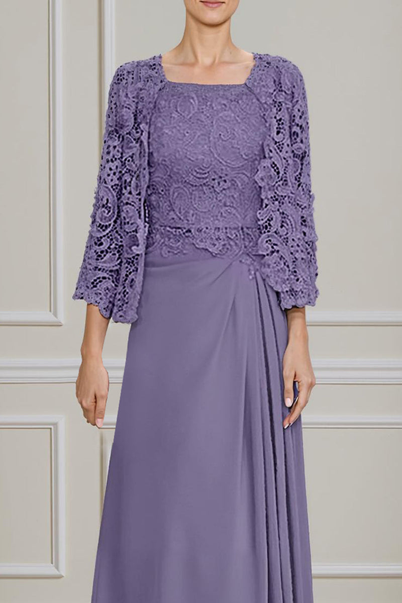 Load image into Gallery viewer, 2 Piece Peacock Green Square Neck A Line Long Mother of the Bride Dress with Lace