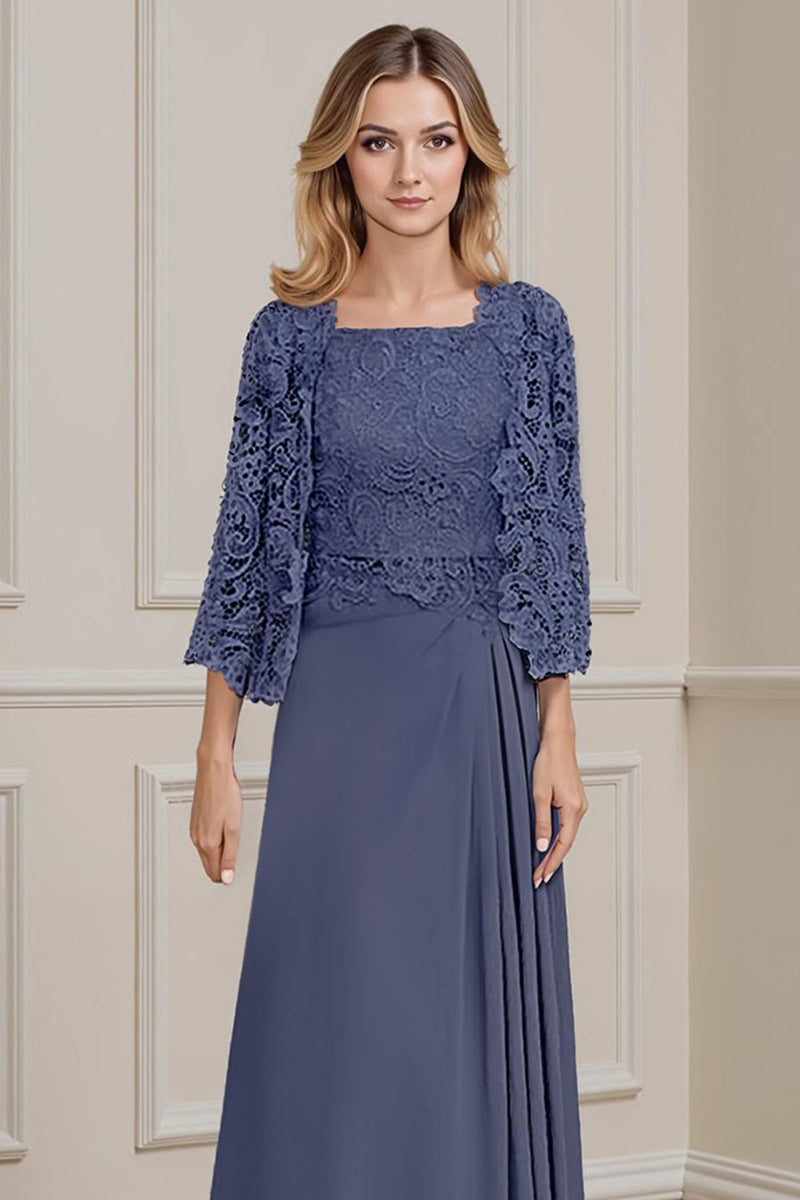 Load image into Gallery viewer, 2 Piece Peacock Green Square Neck A Line Long Mother of the Bride Dress with Lace