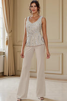 Load image into Gallery viewer, Sparkly 3 Piece Apricot Long Sleeves V Neck Long Mother of the Bride Pant Suits