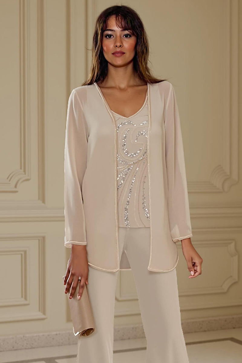 Load image into Gallery viewer, Sparkly 3 Piece Apricot Long Sleeves V Neck Long Mother of the Bride Pant Suits