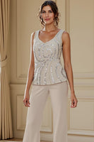 Load image into Gallery viewer, Sparkly 3 Piece Apricot Long Sleeves V Neck Long Mother of the Bride Pant Suits