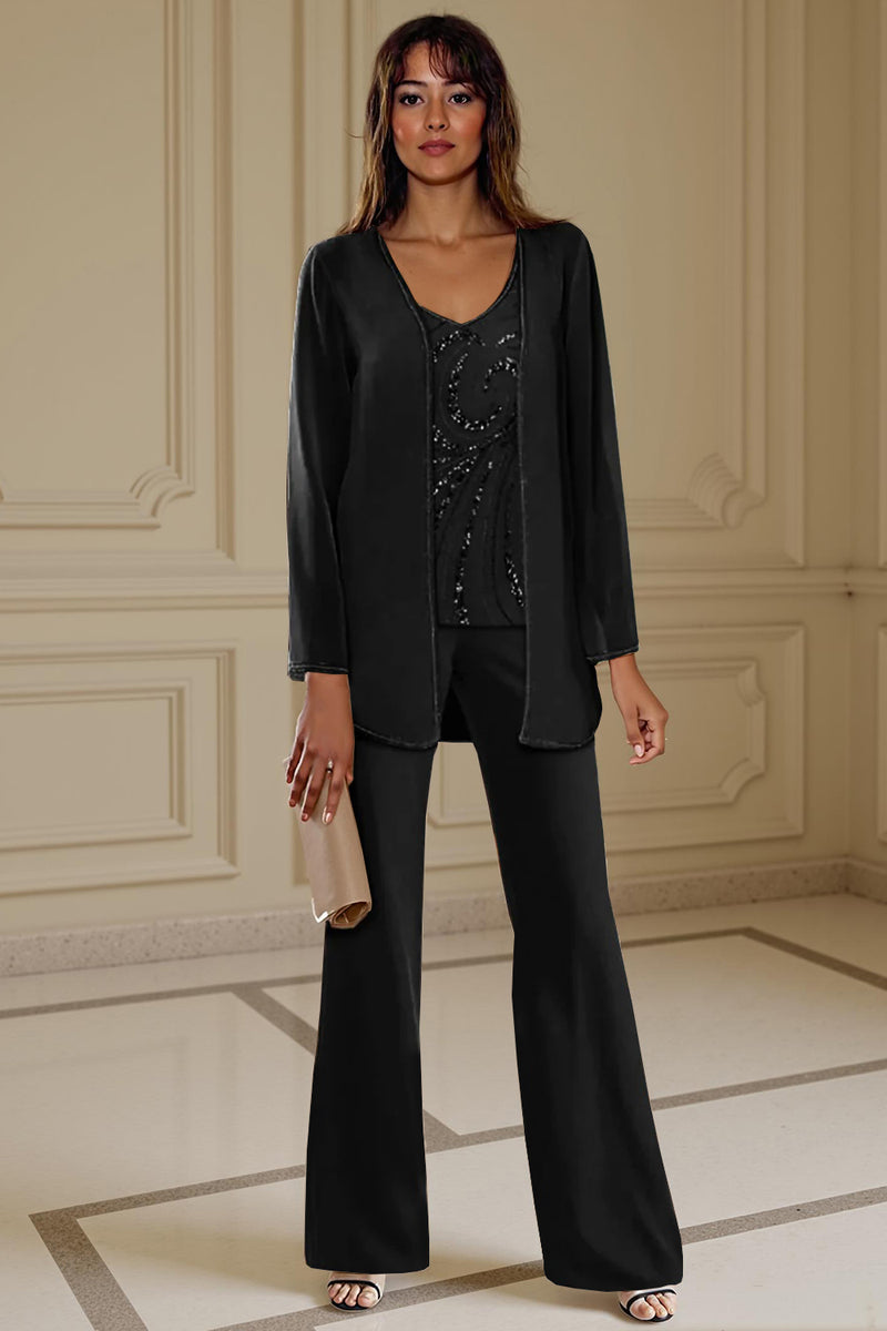 Load image into Gallery viewer, Sparkly 3 Piece Apricot Long Sleeves V Neck Long Mother of the Bride Pant Suits