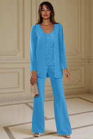 Load image into Gallery viewer, Sparkly 3 Piece Apricot Long Sleeves V Neck Long Mother of the Bride Pant Suits