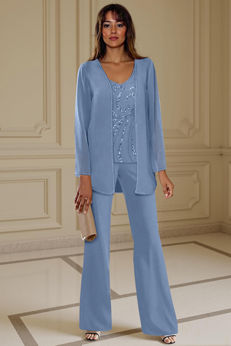 Load image into Gallery viewer, Sparkly 3 Piece Apricot Long Sleeves V Neck Long Mother of the Bride Pant Suits