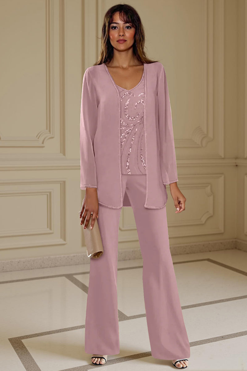 Load image into Gallery viewer, Sparkly 3 Piece Apricot Long Sleeves V Neck Long Mother of the Bride Pant Suits