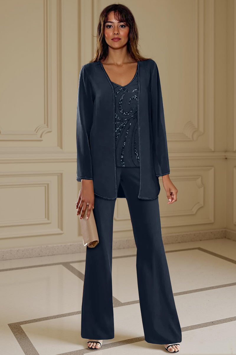 Load image into Gallery viewer, Sparkly 3 Piece Apricot Long Sleeves V Neck Long Mother of the Bride Pant Suits