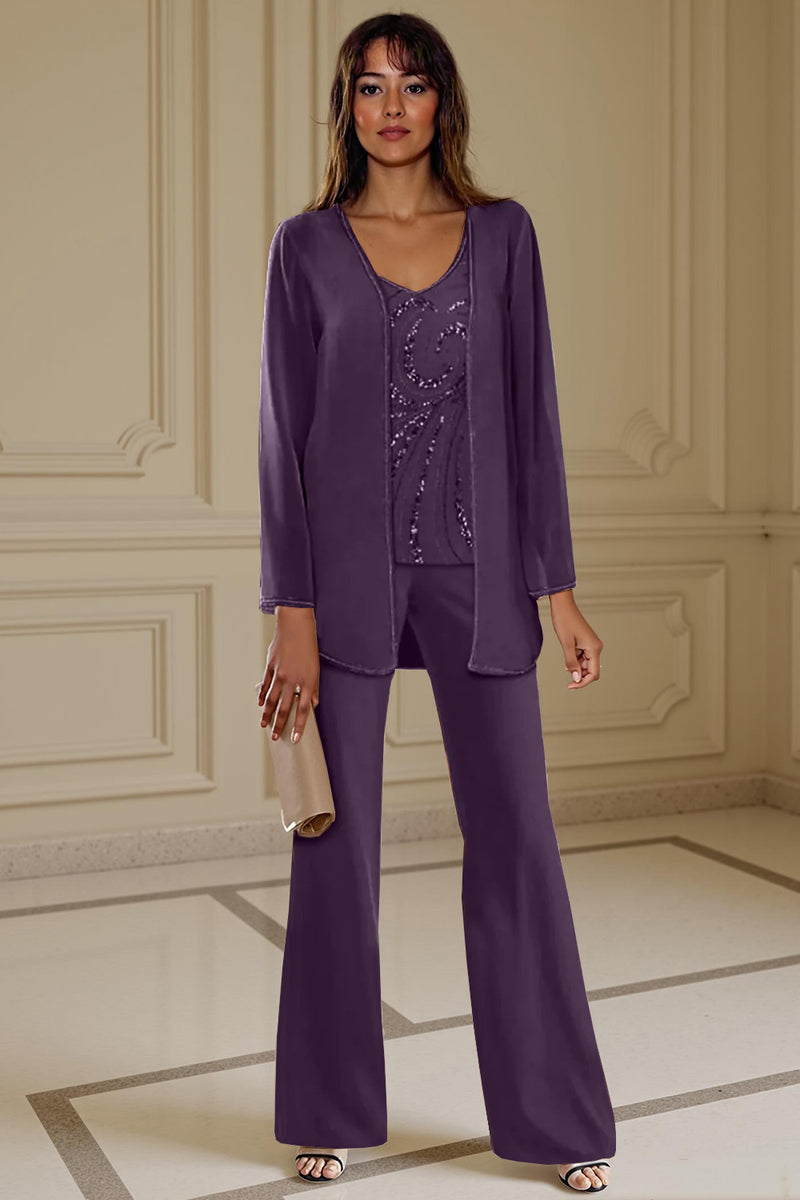 Load image into Gallery viewer, Sparkly 3 Piece Apricot Long Sleeves V Neck Long Mother of the Bride Pant Suits