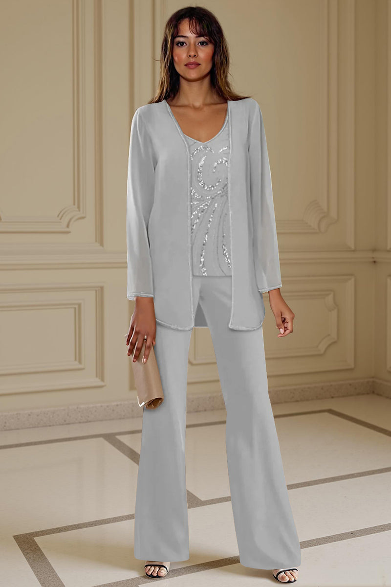 Load image into Gallery viewer, Sparkly 3 Piece Apricot Long Sleeves V Neck Long Mother of the Bride Pant Suits