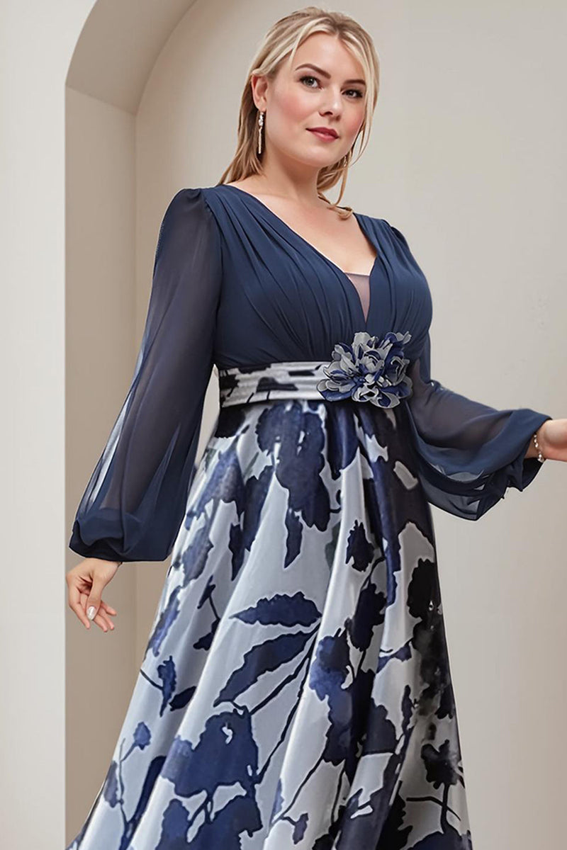 Load image into Gallery viewer, Navy V Neck Plus Size Long Mother of the Bride Dress with 3D Flowers