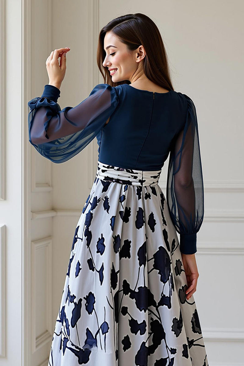 Load image into Gallery viewer, Navy V Neck Plus Size Long Mother of the Bride Dress with 3D Flowers