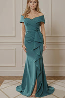 Load image into Gallery viewer, Peacock Blue Off the Shoulder Mermaid Long Mother of the Bride Dress with Slit