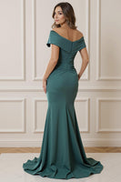Load image into Gallery viewer, Peacock Blue Off the Shoulder Mermaid Long Mother of the Bride Dress with Slit