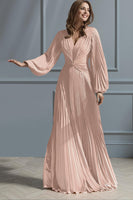 Load image into Gallery viewer, Blush Pink A Line V-Neck Pleated Long Mother of the Bride Dress with Sleeves