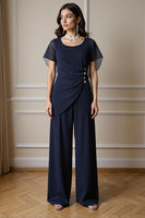 Load image into Gallery viewer, 2 Piece Navy Chiffon Ruched Long Mother of the Bride Pant Suits with Sleeves