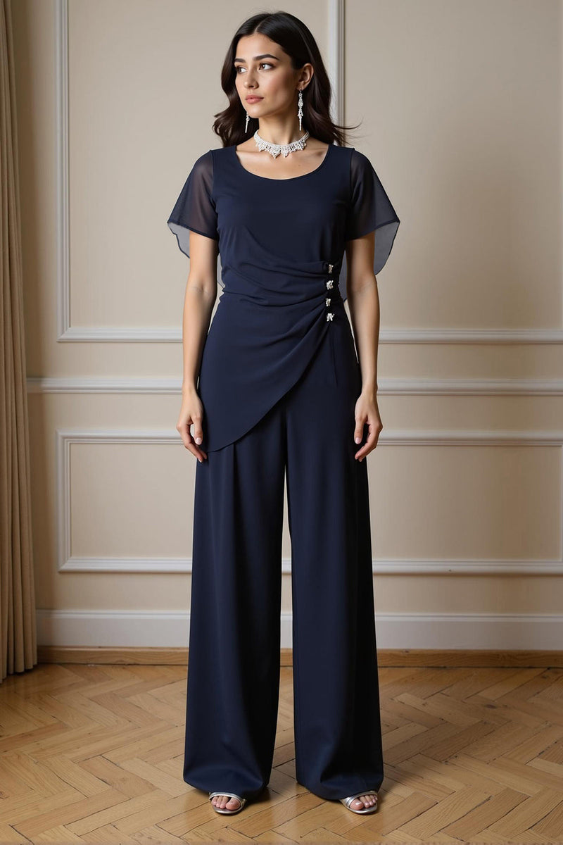 Load image into Gallery viewer, 2 Piece Navy Chiffon Ruched Long Mother of the Bride Pant Suits with Sleeves