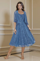 Load image into Gallery viewer, 2 Piece Champagne Tea Length Lace Mother of the Bride Dress with Jacket