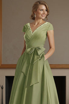 Dusty Sage A Line V Neck Ruched Ankle Length Mother of the Bride Dress with Bow