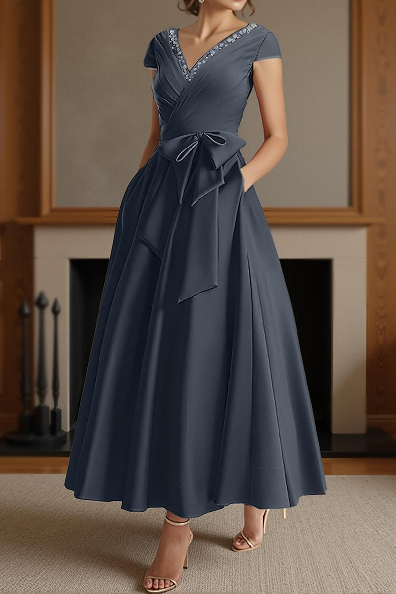 Load image into Gallery viewer, Dusty Sage A Line V Neck Ruched Ankle Length Mother of the Bride Dress with Bow