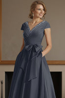 Load image into Gallery viewer, Dusty Sage A Line V Neck Ruched Ankle Length Mother of the Bride Dress with Bow