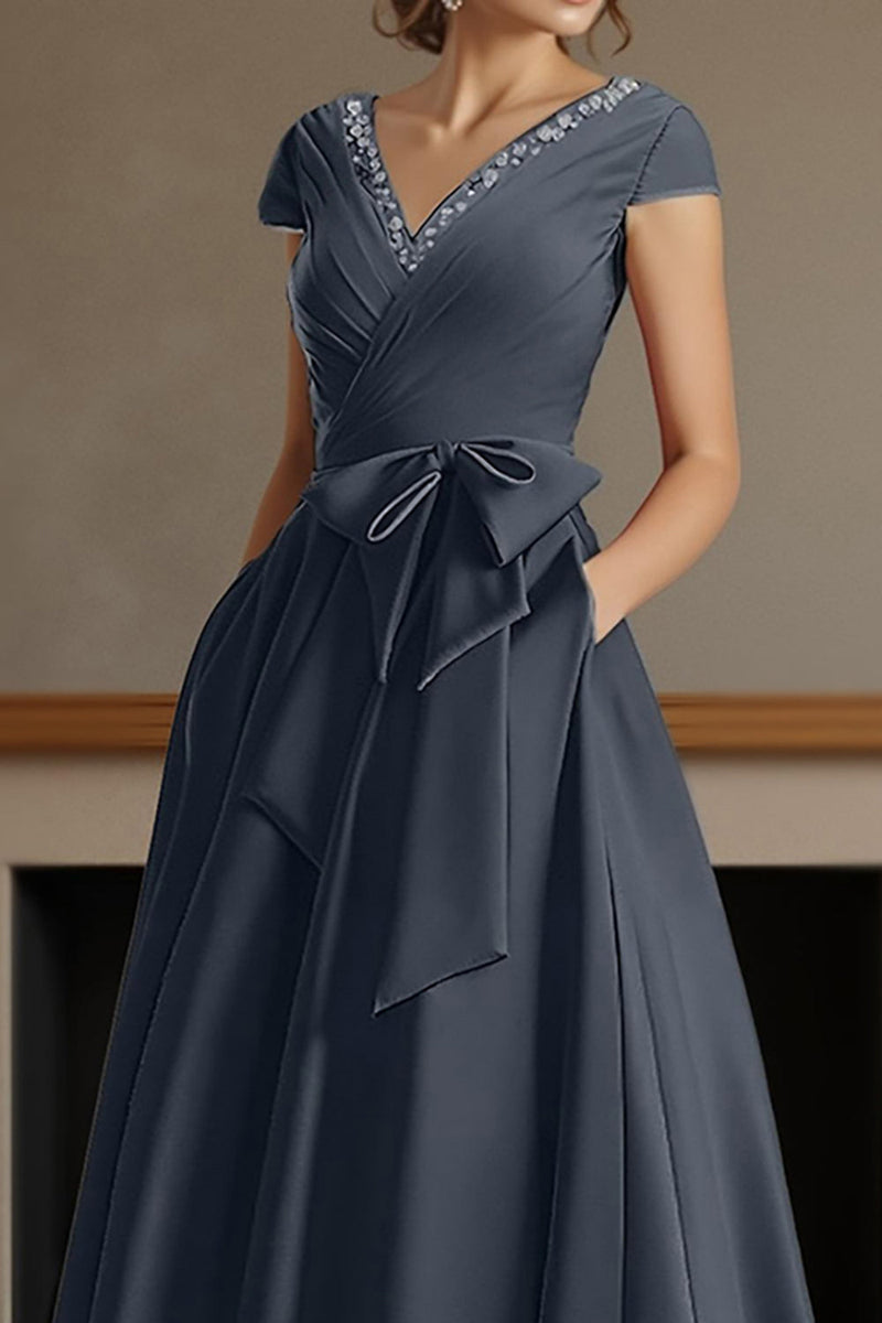 Load image into Gallery viewer, Dusty Sage A Line V Neck Ruched Ankle Length Mother of the Bride Dress with Bow