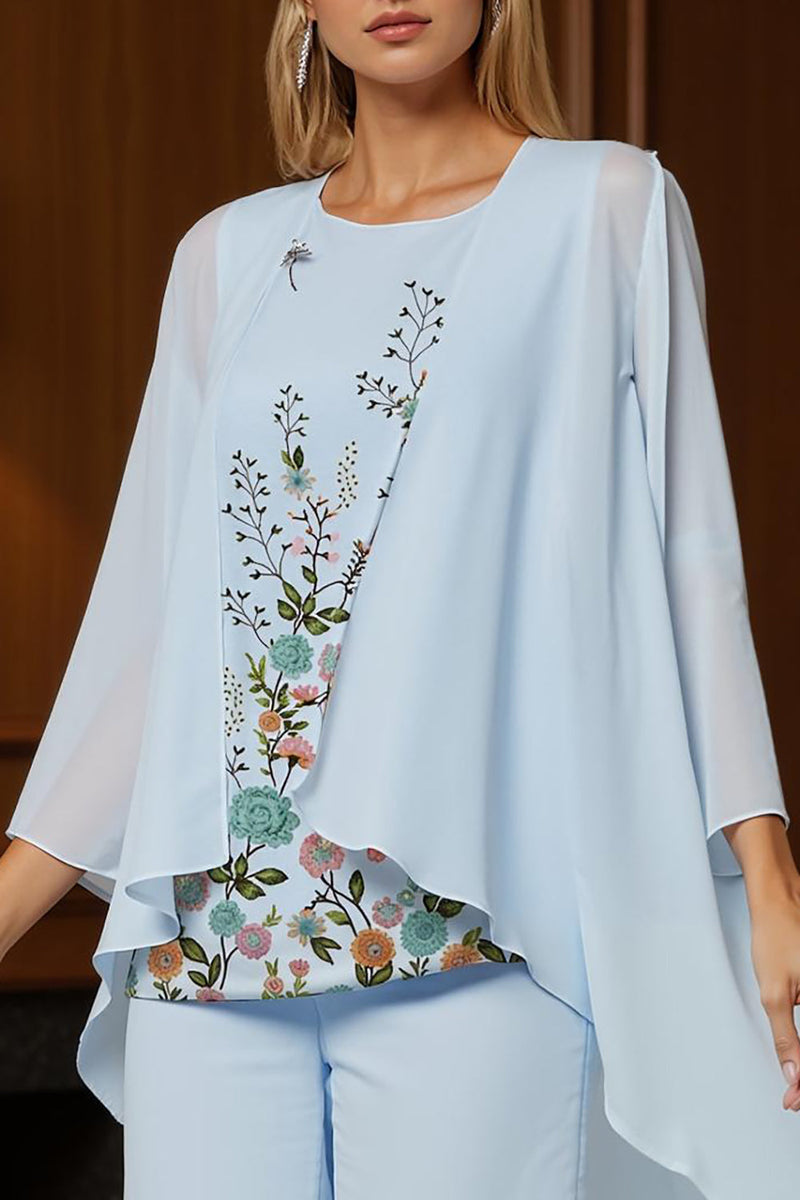 Load image into Gallery viewer, 3 Piece Light Blue Long Floral Mother of the Bride Pant Suits