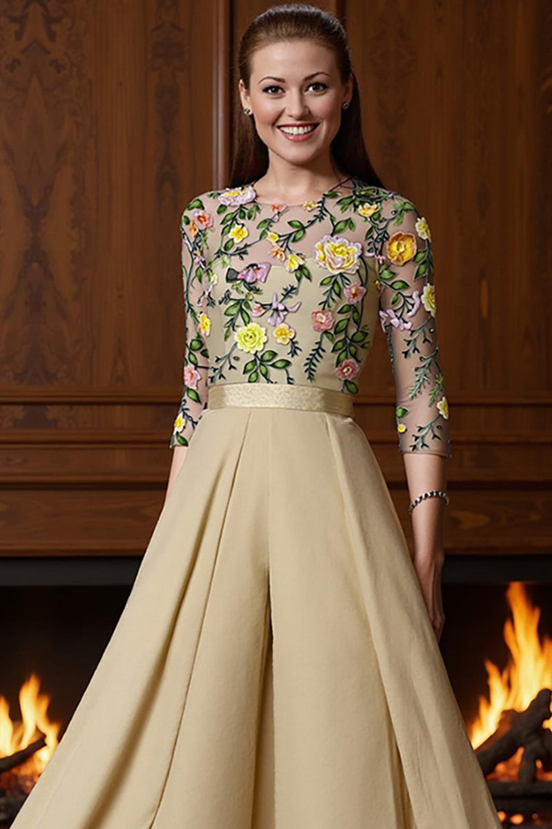 Load image into Gallery viewer, Champagne Long Floral Mother of the Bride Jumpsuits with Cape