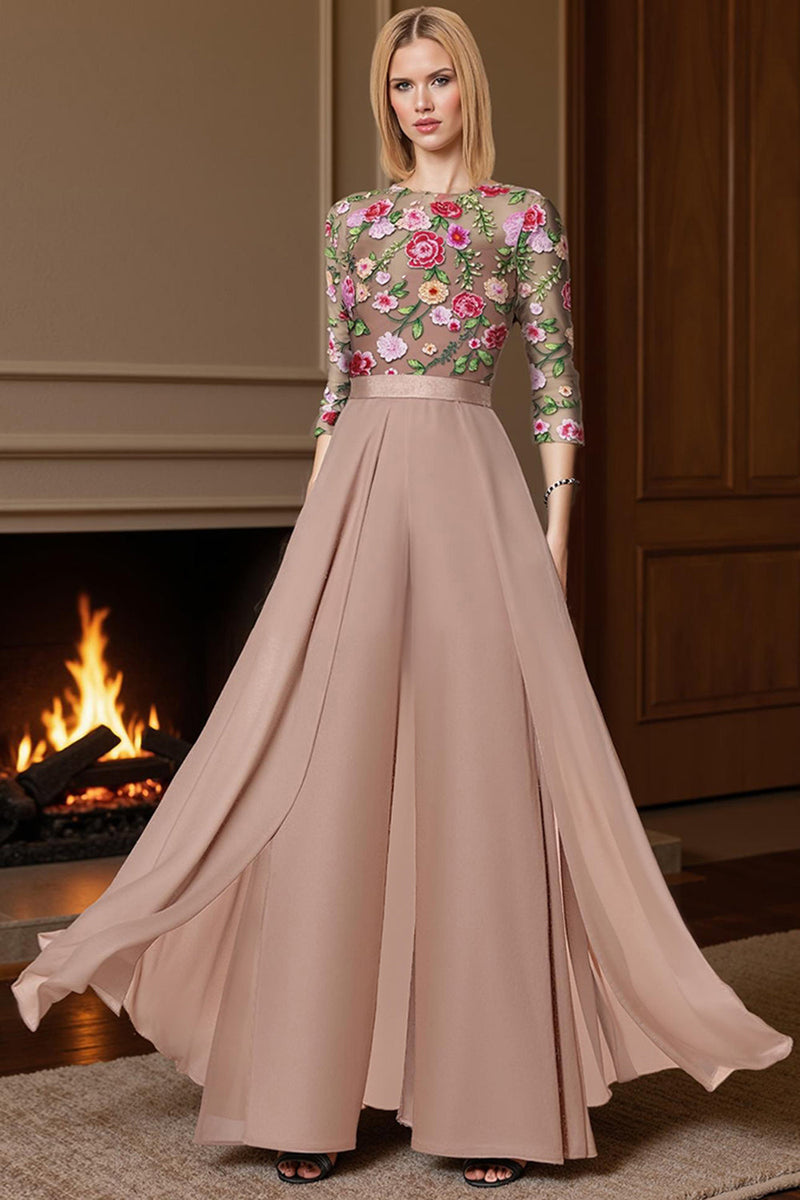 Load image into Gallery viewer, Champagne Long Floral Mother of the Bride Jumpsuits with Cape