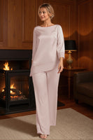 Load image into Gallery viewer, 2 Piece Apricot Bateau Neck Long Mother of the Bride Pant Suits with Sleeves